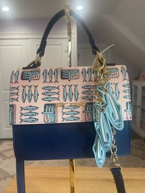 Betsey Johnson Pink & Navy Sardine Print Top-Handle Satchel/Crossbody NWT